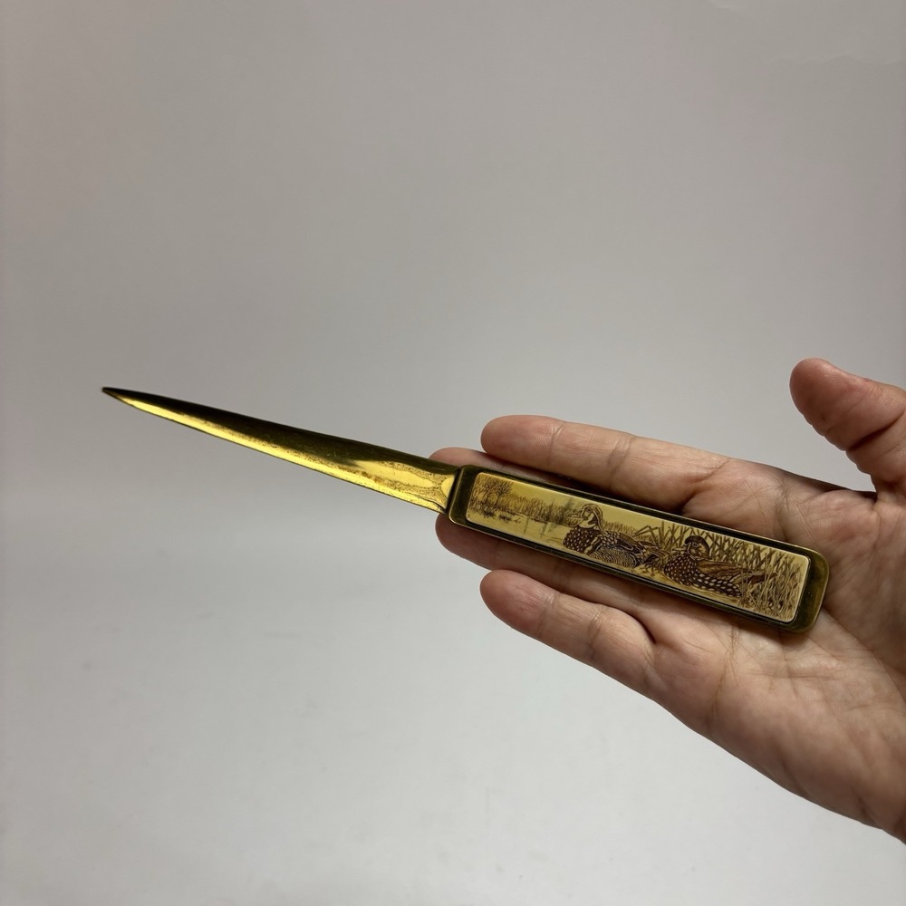 Vintage Barlow Brass Letter Opener with Ducks In Marsh Design Hunting Outdoors